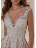 Deep V Neck Beaded Lace Tulle Tie Back Slit Wedding Dress